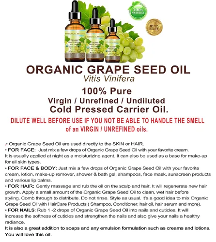 Vista 5 de Aceite orgánico de semillas de uva. Aceite portador 100% puro, natural, sin diluir, virgen, sin perfume, orgánico certificado, prensado en frío