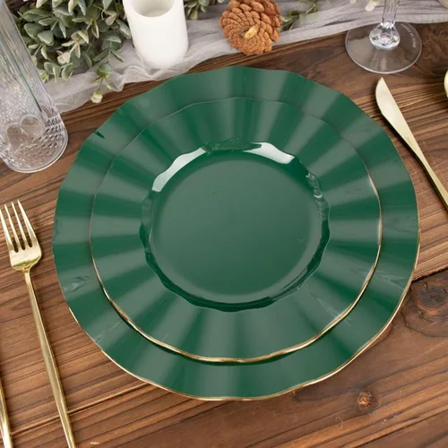Vista 179 de Tableclothsfactory Paquete de 10 platos redondos de plástico negro de 6 pulgadas para ensalada de postre, platos desechables con borde ondulado