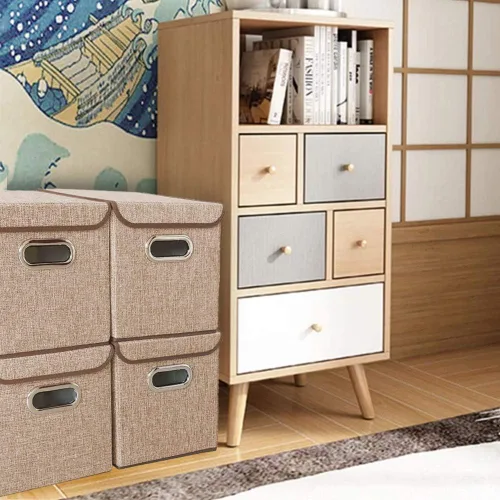 Vista 3 de Juego de 4 contenedores plegables de tela de lino con tapa, cajas organizadoras plegables, 10 x 10 x 10 pulgadas (beige)