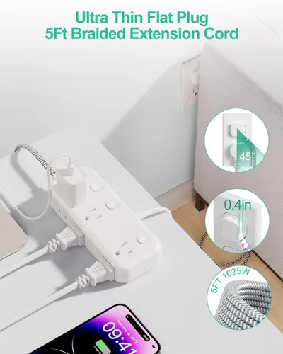 Vista 5 de Protector contra sobretensiones de regleta de alimentación de interruptor individual, 6 tomacorrientes 3 USB, cable de 5 pies Individual