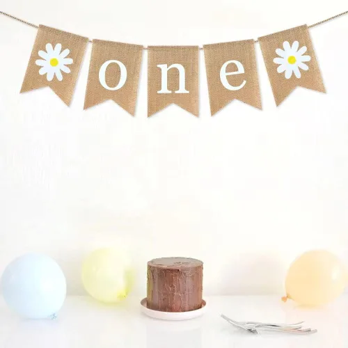 Vista 6 de Cartel de arpillera de yute con temática de margaritas para decoración de fiesta de primer cumpleaños, decoración de fiesta de primavera, guirnalda