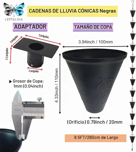 Vista 5 de Cadena de lluvia de hierro cono de 8.5 pies para canaletas y barril de lluvia+adaptador, negro
