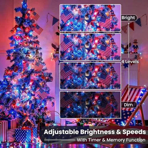 Vista 5 de Toodour Cadena de luces para el 4 de julio, 66 pies, 200 luces LED RGB que cambian de color con control remoto y temporizador, luces rojas blancas
