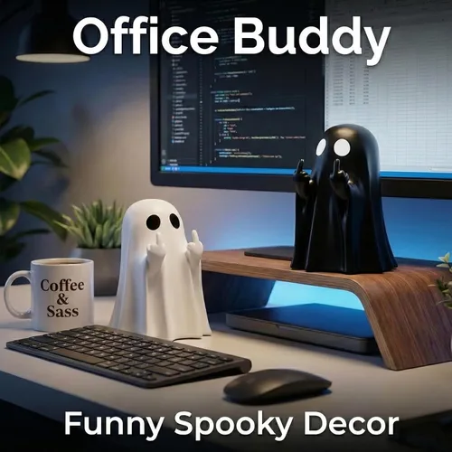 Vista 2 de 2 piezas de decoración de fantasma de Halloween, linda figura de fantasma de dedo, divertida decoración de estatua espeluznante de resina, estante