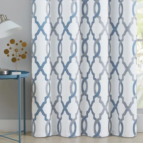 Vista 8 de [Usado] Cortinas 100% blackout, de 63 pulgadas de largo, para dormitorio, azul gris con estampado geométrico marroquí en blanco, cortinas
