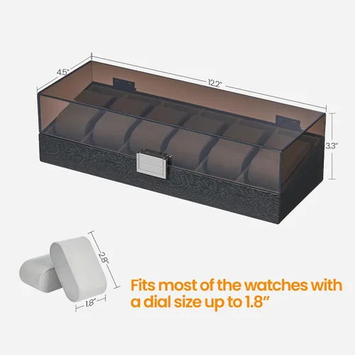 Vista 7 de Hzuaneri Caja de reloj, regalos de Navidad, caja de reloj de 6 ranuras con tapa acrílica grande, almohadas de reloj extraíbles, organizador, regalo