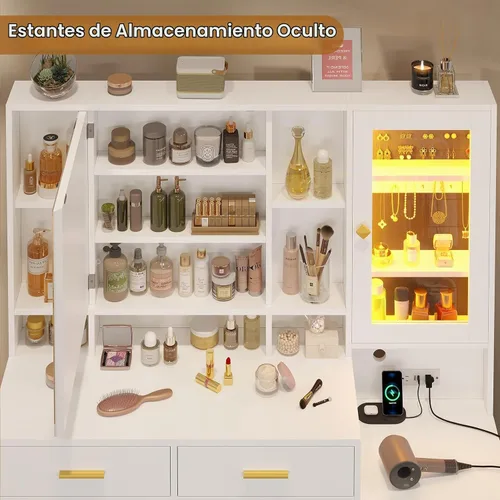 Vista 2 de BTHFST Tocador de maquillaje con taburete tapizado y estación de carga, escritorio con espejo y luces, juego de mesa de tocador con almacenamiento