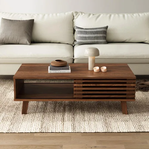 Vista 7 de Furniway Mesa de Centro Moderna de Mediados del Siglo, Mesa de Centro de Madera con Almacenamiento, Mesa de Estilo Rústico para Sala de Estar