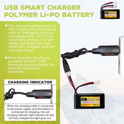 Vista 4 de sea jump Batería Lipo de 7.4V 600mAh 35C 2S con enchufe Molex y cargador USB adecuado para FMS FCX24 RC coches, camiones, vehículos eléctricos