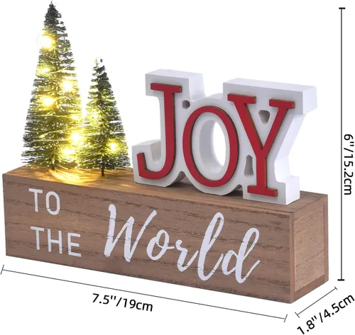 Vista 2 de Decoración de Navidad para el Hogar, JOY para El Mundo Letrero de Mesa de Navidad de Madera con Árboles LED, Estante Rústico, Chimenea, Decoración