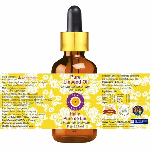 Vista 3 de Deve Herbes Aceite de linaza puro (Linum usitatissimum) con cuentagotas de vidrio prensado en frío (paquete de tres) 3.4 fl oz x 3 (10 oz)