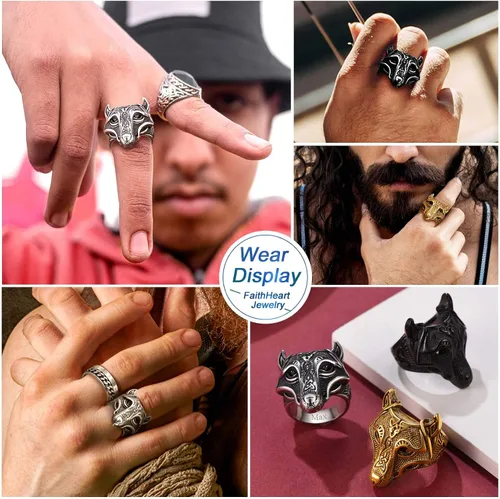 Vista 5 de FaithHeart Norse Viking Jewelry - Anillo de acero inoxidable de guerrero para hombre con diseño vikingo de cabeza de lobomartillo de Thor