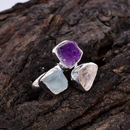 Vista 2 de Anillos de plata de ley 925 para mujer, aguamarina cruda natural, amatista, rosa, Qauartz, piedras preciosas ajustables, hechos a mano, Metal Gema