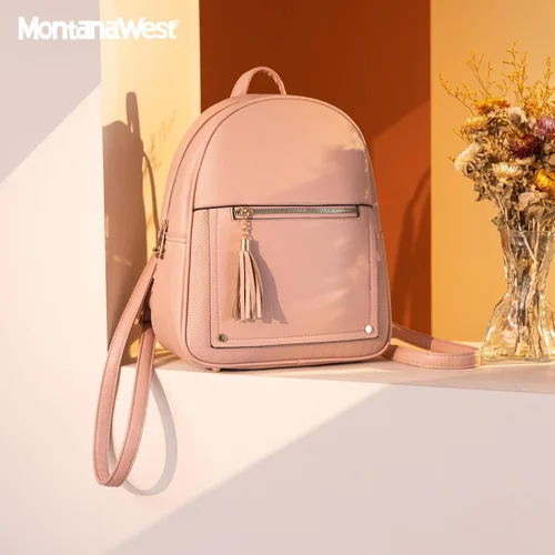 Vista 2 de Montana West Mochila mediana para mujer, mochila antirrobo con cremallera segura y borla, mochila rosada, Mochilas de viaje