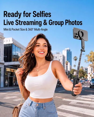 Vista 2 de Mini trípode magnético para selfie stick para iPhone y Android, tamaño de bolsillo de 19 pulgadas, agarre de cámara de teléfono 4 en 1 con control