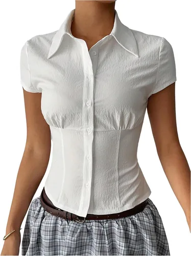 Vista 8 de SweatyRocks Camisas con botones para mujer, manga casquillo, blusa de trabajo elegante