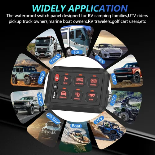 Vista 7 de Chelhead Panel de interruptor Bluetooth de 6 bandas, panel de interruptor de barco con disyuntor IP 65, impermeable, estroboscópico de flash