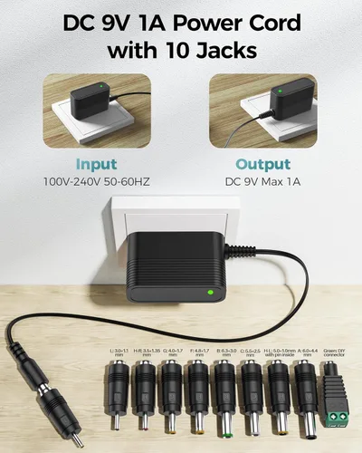 Vista 3 de Cable de alimentación DC 9V Reemplazo universal con 10 conectores intercambiables Compatible con equipos de 100mA 200mA 300mA 400mA 500mA 600mA