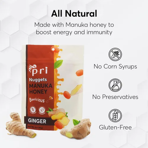 Vista 3 de P.R.I Nuggets de miel y jengibre de Manuka, dulce y totalmente natural, caramelo duro, 3 onzas Envuelto individualmente, sin jarabe de maíz, sin