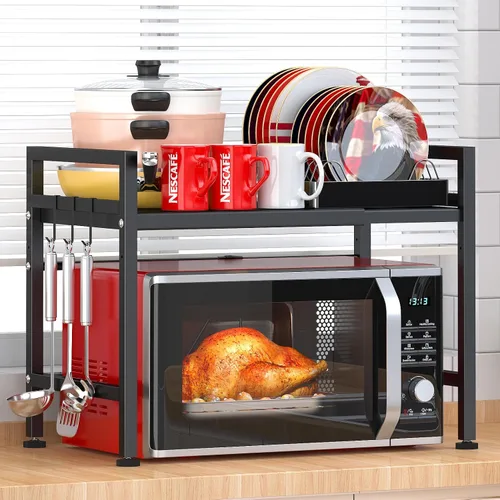 Vista 9 de PUSDON Estante para horno de microondas, estante ajustable resistente de 3 niveles con 3 ganchos para organizador de encimera de cocina