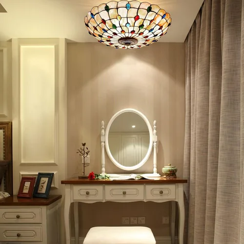 Vista 2 de Tiffany - Lámpara de techo de montaje empotrado, lámpara de techo LED de vitral, hecha a mano con cuentas de vidrio de colores azules