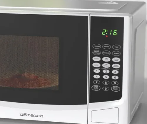 Vista 7 de Emerson Horno microondas compacto de 0.9 pies cúbicos con control táctil, pantalla LED, 900 W, 6 menús automáticos con plato giratorio de vidrio