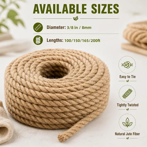Vista 2 de Cuerda de yute natural gruesa de cáñamo (3/8 pulgadas x 100 pies), cordel de yute fuerte para manualidades, decoración de hamaca de gato