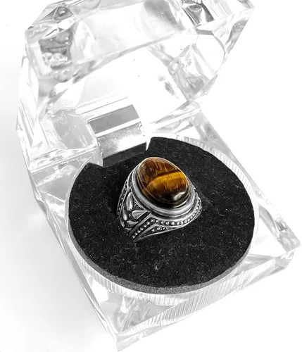 Vista 5 de Anillo de piedra de ojo de tigre amarillo genuino para hombres y mujeres, retro vintage de cristal de cuarzo turco joyería para ella y él