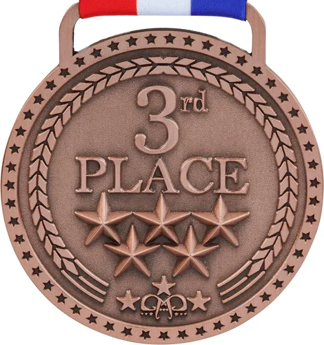 Vista 2 de Medallas de bronce dorado y plateado para premios de trofeo del 1er 2º y 3er lugar, acabado brillante o antiguo con cinta de satén roja, blanca