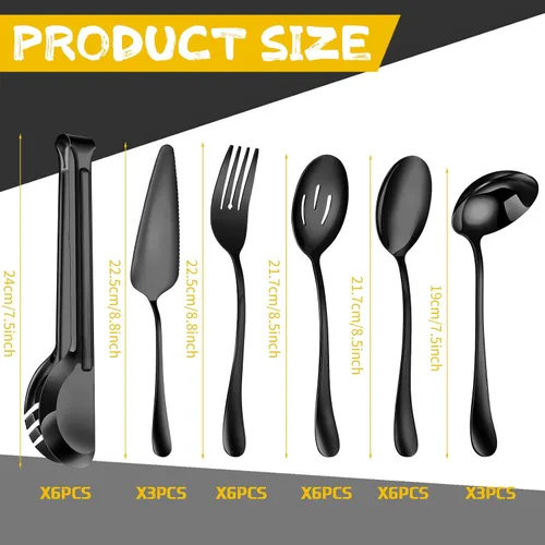 Vista 2 de Thenshop Juego de 30 utensilios de servir de acero inoxidable que incluye cucharas grandes, cucharas ranuradas, tenedores, cucharón de sopa, tarta