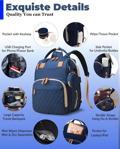 Vista 2 de Bolsa de pañales con cambiador, mochila de pañales 3 en 1 para bebé, Azul