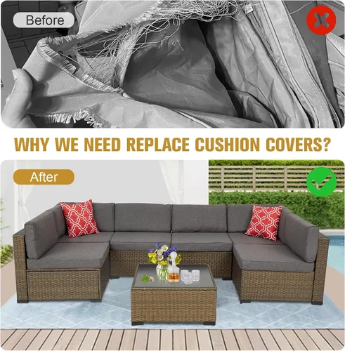 Vista 4 de 7 fundas de repuesto para sofá de mimbre para patio al aire libre, lavables, fundas de repuesto para asiento y respaldo, gris oscuro