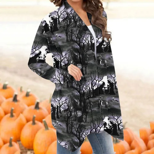 Vista 5 de Womens Halloween Long Sleeve Open Front Cardigan Funny Cute Pumpkin Black Cat Ghost Graphic Soft Lightweight Tops