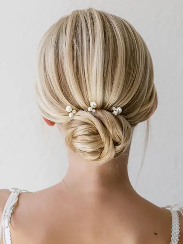 Vista 4 de SWEETV Horquillas para el pelo de novia, tocado de perlas para novias, damas de honor y niñas de flores, 3 pinzas para el pelo de boda y piezas
