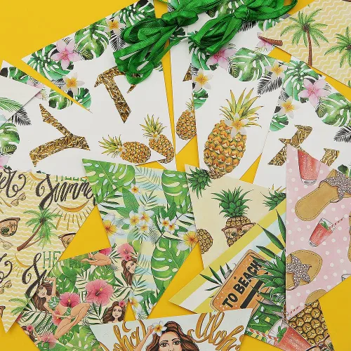 Vista 6 de Apol Juego de 2 decoraciones hawaianas para fiesta de cumpleaños, guirnalda de piña con bandera triangular, verde, cartulina, rectangular, guirnalda