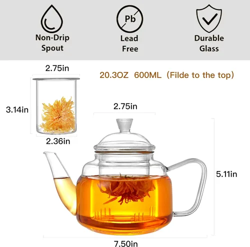 Vista 2 de CNGLASS Tetera de vidrio con infusor extraíble, 20 onzas (20.3 fl oz) de vidrio transparente para tetera apta para estufa, tetera de vidrio