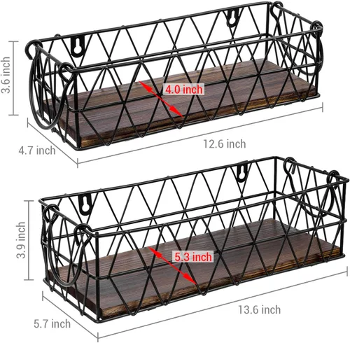 Vista 6 de MyGift 2 cestas de almacenamiento de metal geométrico negro montado en la pared con base rústica de madera quemada maciza, cubos pequeños