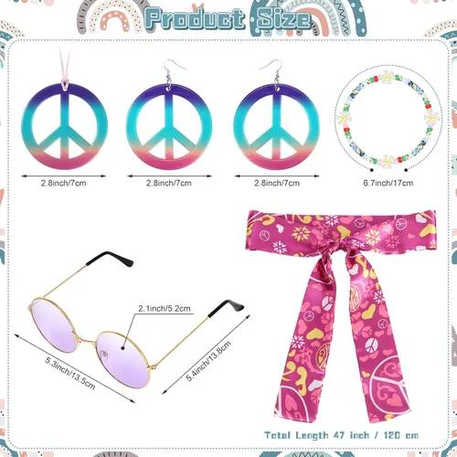 Vista 2 de Batiyeer 6 piezas de accesorios hippie para mujer, aretes bohemios con signo de la paz de los años 60 y 70, trajes para mujer, recuerdo de fiesta