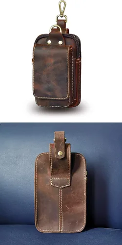 Vista 6 de Le'aokuu Bolso unisex de cuero genuino para hombres y mujeres, con cintura de riñonera y gancho para colgar en la cadera, paquete de 1609, Un marrón
