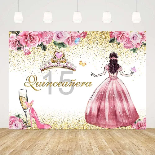 Vista 3 de SENDY Telón de fondo de quinceañera de 8 x 6 pies para niña, feliz cumpleaños 15, flores rosadas, tacones altos, corona, princesa, decoración