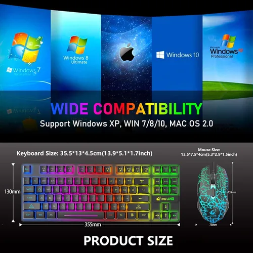 Vista 9 de Combo de teclado y mouse inalámbricos para juegos con retroiluminación LED arcoíris sin llave de 87 teclas, batería recargable de 3800 mAh, Negro