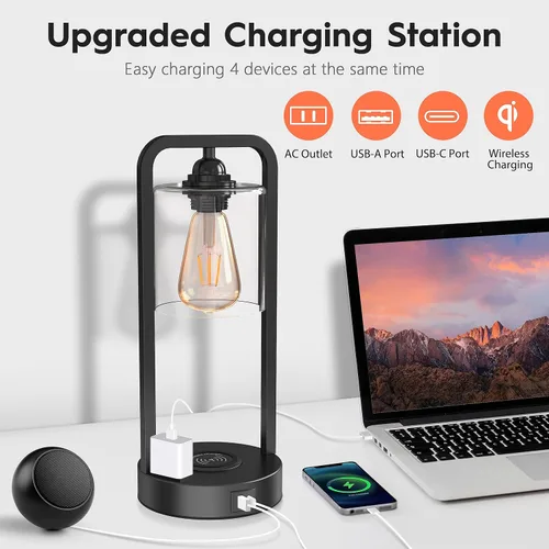 Vista 3 de Juego de 2 lámparas de mesa de carga inalámbrica para dormitorio, control táctil regulable con puertos USB tipo C y salida de CA, lámpara de mesita
