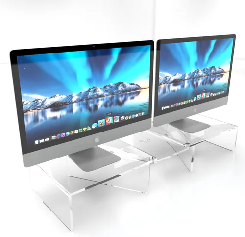 Vista 6 de Soporte para monitor doble - Soporte de acrílico transparente para monitor de computadora doble - Soporte ergonómico para monitor para escritorio