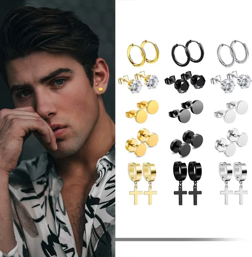 Vista 5 de 341518 pares de aretes para hombre, kit de aretes de acero inoxidable para hombres y mujeres, joyería de moda, aretes de aro colgantes de cruz