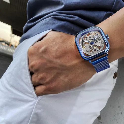 Vista 3 de FORSINING Relojes automáticos mecánicos, reloj de pulsera dorado para hombre con esfera transparente de acero inoxidable con movimiento de flor real