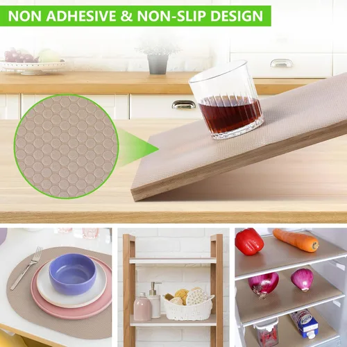 Vista 8 de Revestimientos de estantes beige para armarios de cocina, revestimiento de cajones no adhesivo para baño, revestimientos impermeables