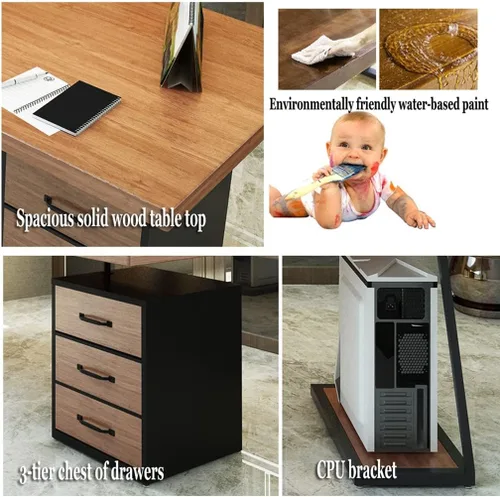 Vista 7 de Escritorio moderno y simple de madera maciza para computadora, escritorio de estudio, mesa de juegos, con soporte de CPU y cajón