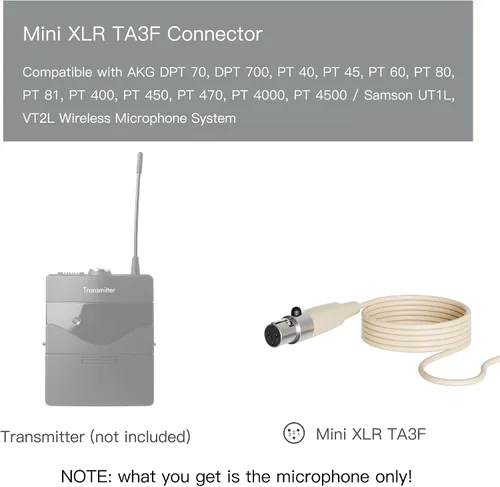 Vista 2 de J K MIC-J 069 Auriculares con gancho para la cabeza Micrófono unidireccional compatible con el sistema de micrófono inalámbrico AKG Samson - Mini