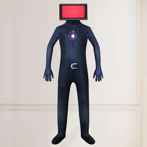 Vista 9 de BBIQI Skibidi - Disfraz de inodoro para niños, disfraz de camarógrafo de TV, disfraz de orador de Halloween, videojuegos, cosplay, overol con máscara