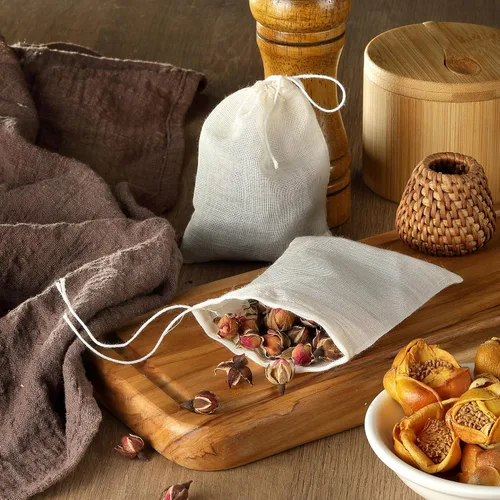 Vista 9 de 20 bolsas de té reutilizables, bolsas vacías de muselina con cordón, bolsas de especias para cocinar, té suelto, hierbas, algodón natural
